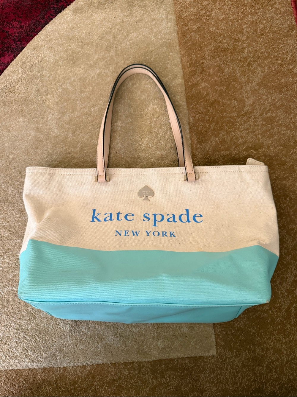Kate Spade New York canvas tote bag off white and turquoise color block